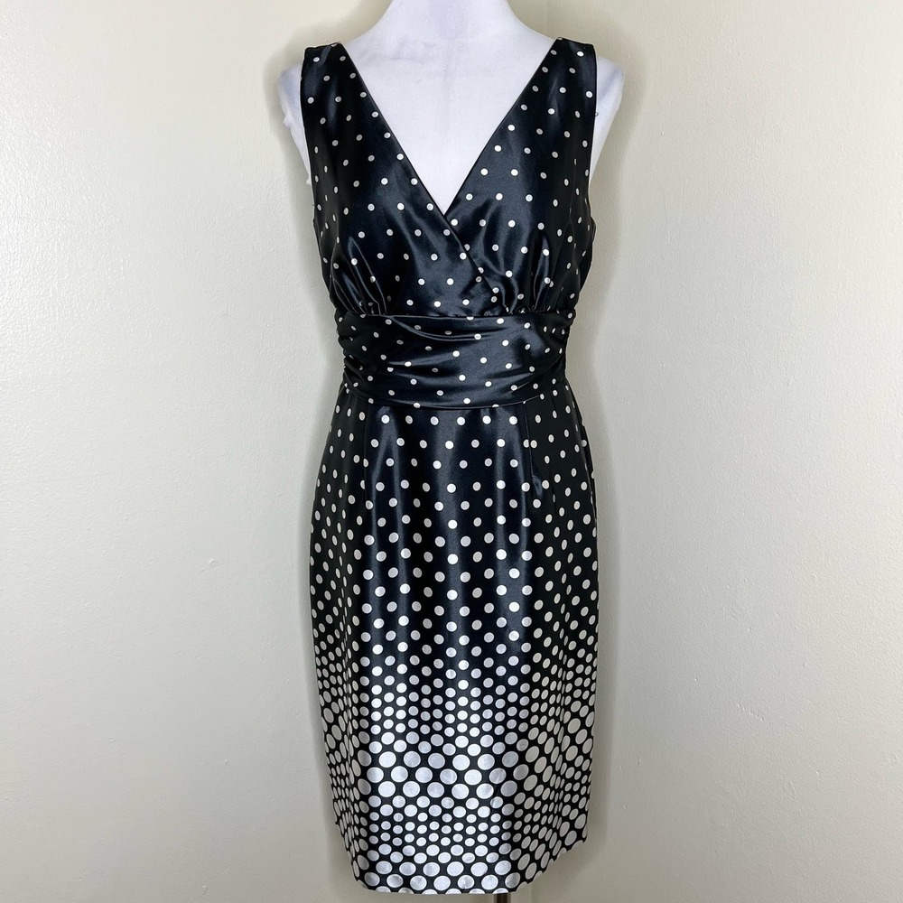 Eliza J New York Sheath Dress 12 Black Silver Polka Dot Satin V-Neck Knee Length